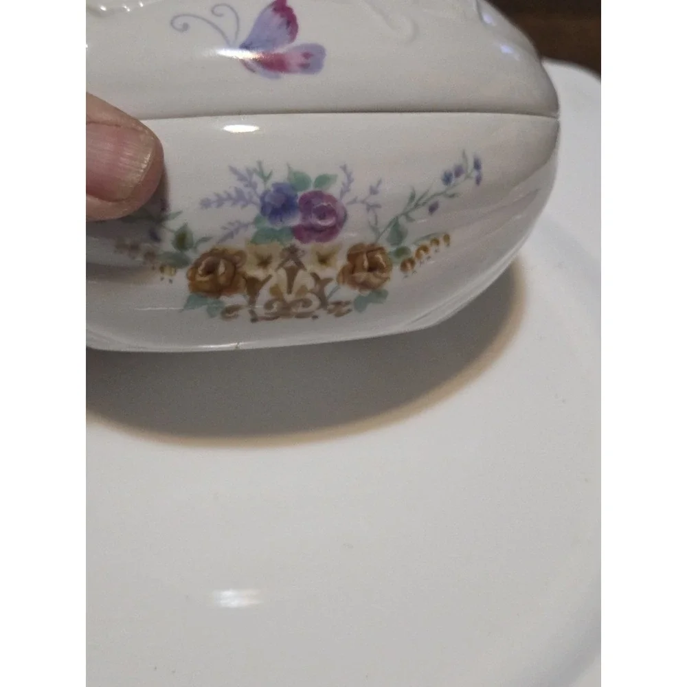 Vintage Charles Revson Inc Ciara Porcelain Egg Trinket Dish Featuring butterflie